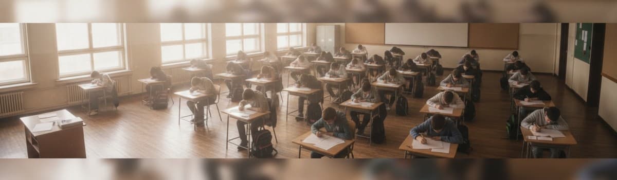 salle de classe de lycée en épreuve écrite, tables espacées, copies et stylos, lumière naturelle, vue d'ensemble sans vi