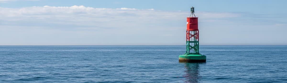 une bouée de balisage maritime (marque cardinale ou latérale) en mer par temps clair, sans marque commerciale ni personn