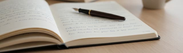 un cahier d'écolier ouvert avec un stylo plume posé dessus et quelques mots manuscrits flous en français, lumière douce