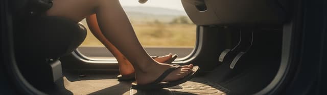 pieds en tongs près des pédales d'une voiture, lumière d'été, sans visage