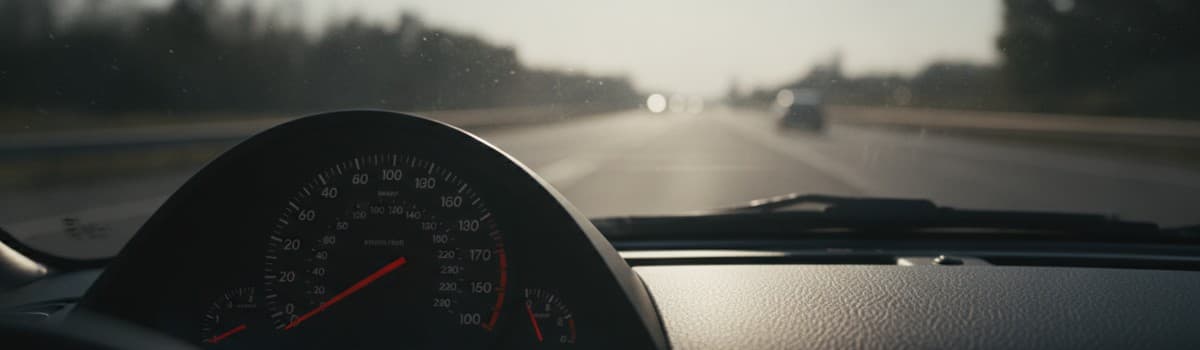 compteur de vitesse d'une voiture avec l'aiguille poussée dans le rouge, en environnement routier