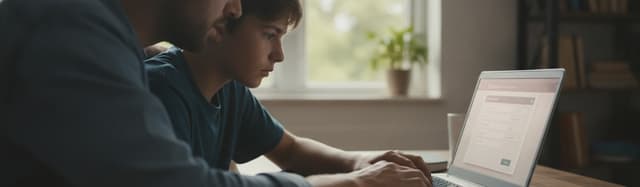 scène éditoriale sobre d'un parent et d'un adolescent devant un ordinateur portable à la maison, en train de remplir un