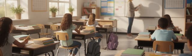 une salle de classe de collège lumineuse à la rentrée, cahiers neufs et manuels empilés sur les tables, lumière de septe