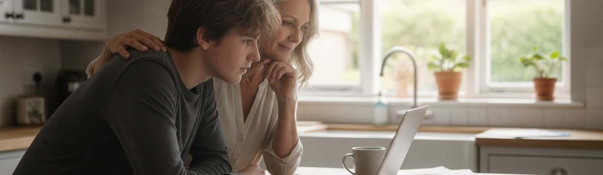 un adolescent et un parent consultant ensemble un ordinateur portable dans une cuisine familiale, lumière d'été, ambianc