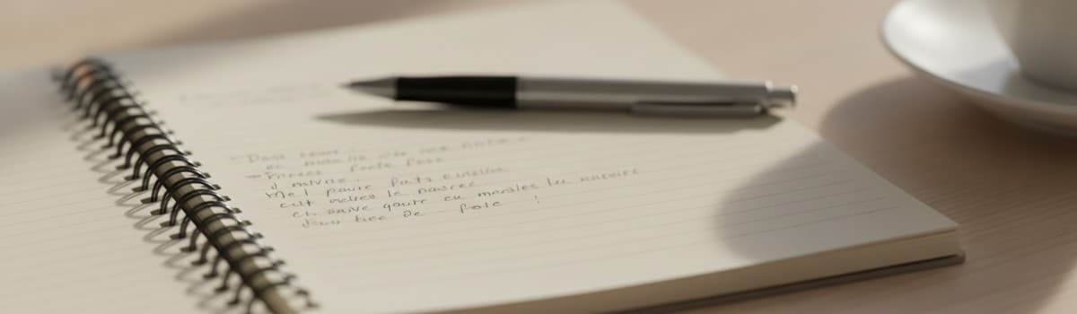 un carnet à spirale ouvert sur une page manuscrite en français légèrement floue, un stylo bille posé en travers et une t