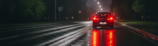 feux arrière rouges d'une voiture allumés de nuit sur route mouillée, sans plaque lisible ni logo