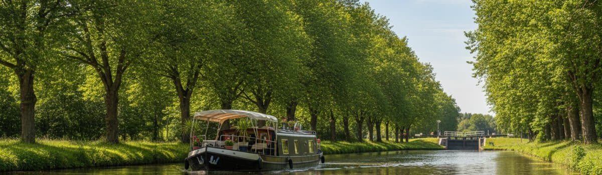 une péniche de plaisance remontant un canal bordé d'arbres par une lumière d'été, écluse en arrière-plan, ambiance crois