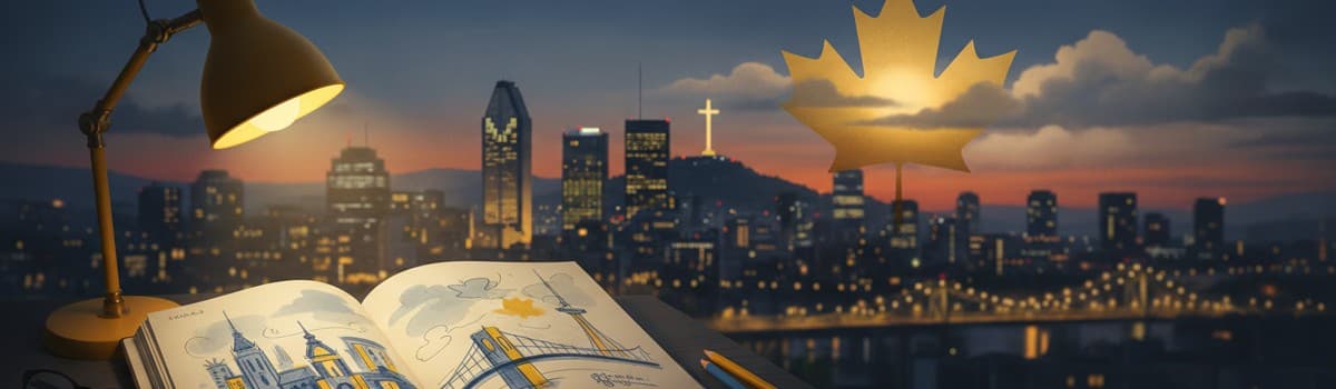 vue stylisée et chaleureuse de Montréal (skyline, feuille d'érable discrète) avec un carnet d'étude au premier plan, ton