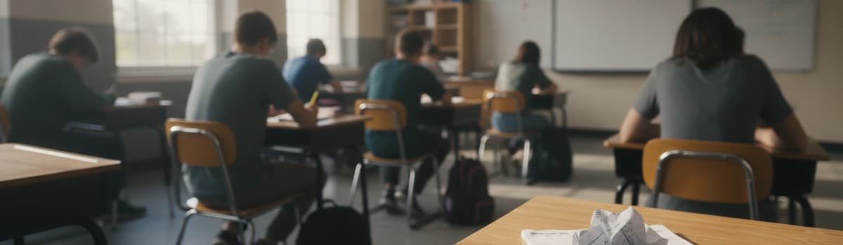 une salle de classe de lycée vue depuis le fond, lumière du matin par les fenêtres, tableau blanc et rangées de tables o