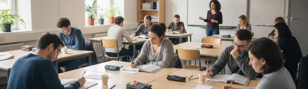 une salle de cours de français pour adultes, tables claires, cahiers ouverts, lumière naturelle, ambiance calme et studi