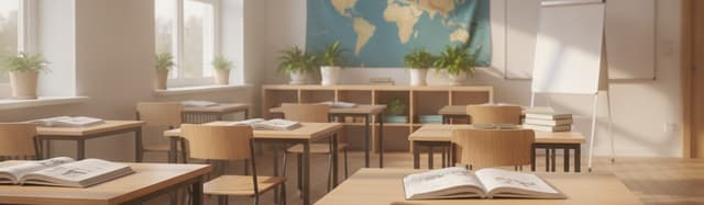 une salle de classe lumineuse et internationale, plusieurs cahiers ouverts et une carte du monde discrète au mur, ambian