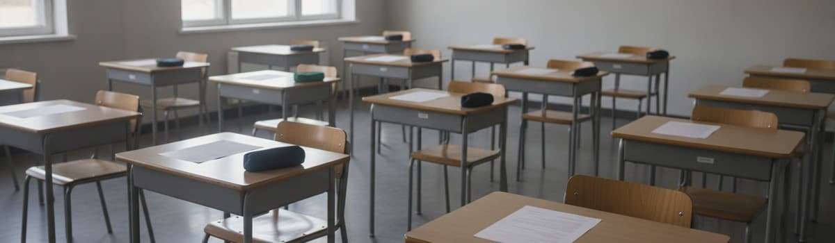une salle d'examen de lycée vue de trois quarts, tables individuelles alignées et espacées, copies vierges et trousses p