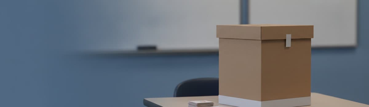 scène éditoriale sobre dans une salle de classe de collège vue de trois quarts, une urne en carton posée sur le bureau d
