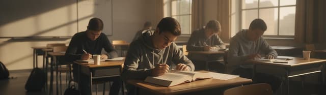 une salle de classe de lycée en fin de journée, quelques élèves de terminale penchés sur des documents et un code juridi