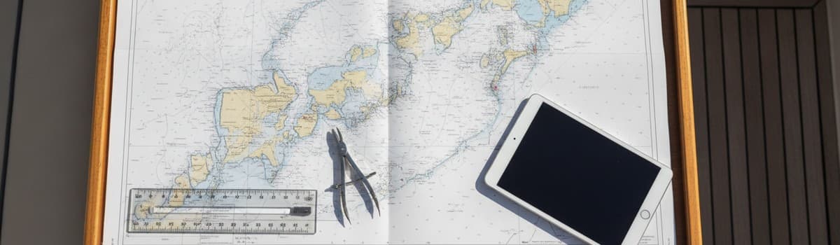 table à cartes d'un bateau de plaisance vue de dessus, carte marine papier dépliée, règle Cras et compas à pointes sèche