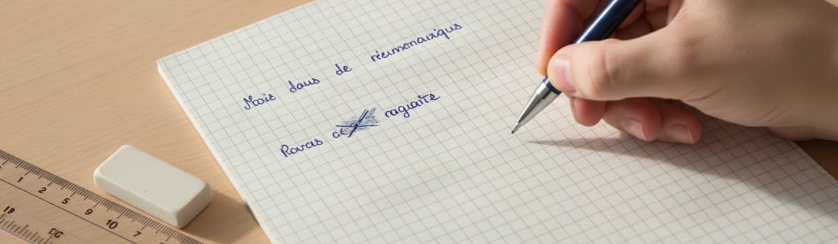 plan rapproché en légère plongée d'une main qui écrit au stylo bille sur une feuille de cahier à grands carreaux, quelqu