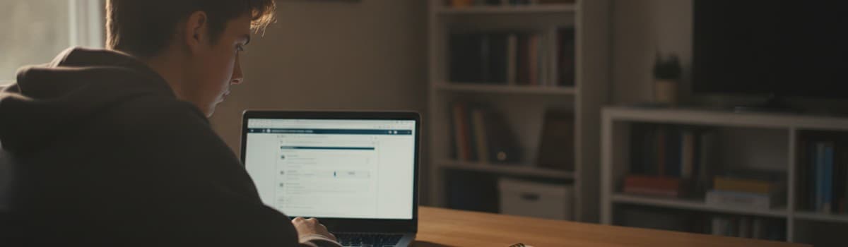 un élève de terminale assis à un bureau chez lui, un ordinateur portable ouvert devant lui affichant une page administra