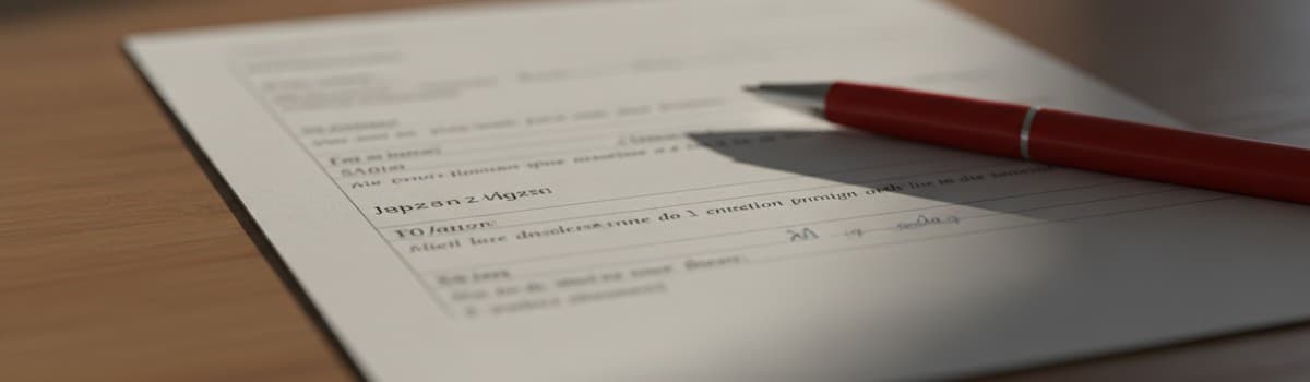 une copie d'examen manuscrite posée sur une table, un stylo rouge à côté, quelques annotations en marge volontairement f