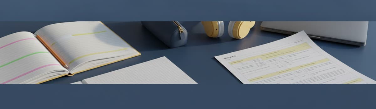 bureau d'élève de collège vu de trois quarts, cahier ouvert avec des lignes surlignées de couleurs, règle, trousse, casq