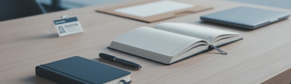 scène éditoriale sobre, un cahier ouvert et un carnet de notes posés sur une table de bureau en bois clair à côté d'un s