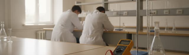 un laboratoire de physique-chimie de lycée en fin de matinée, vue en plan large et documentaire, paillasses en bois clai