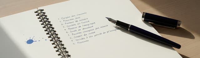 plan rapproché en plongée d'un carnet à spirale ouvert sur une liste manuscrite en français, stylo plume posé en travers