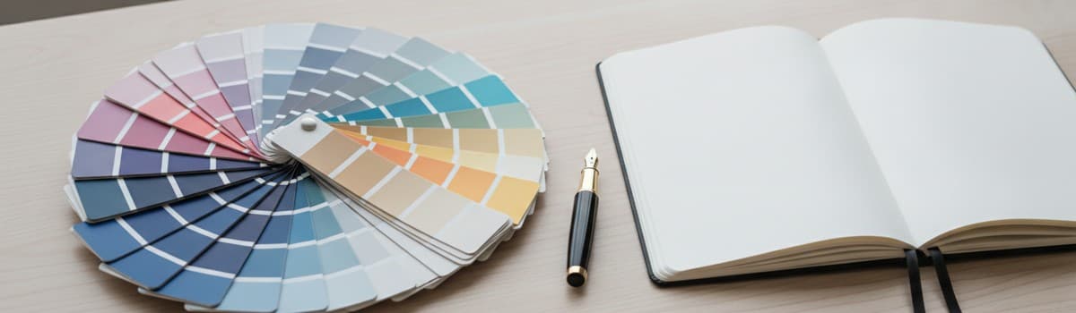 un nuancier de peinture déployé en éventail sur un bureau en bois clair, à côté d'un stylo plume et d'un carnet ouvert,