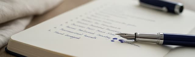 un carnet ouvert avec une liste manuscrite floue de plusieurs éléments, un stylo plume posé en travers, lumière douce, t