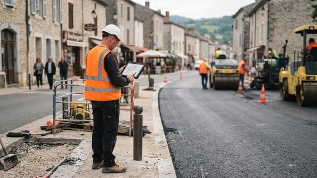 Agent technique d'une collectivité consultant des plans sur tablette près d'un chantier de voirie