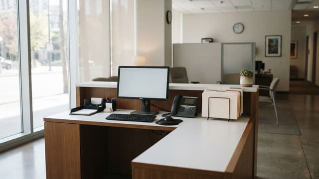 Bureau d'accueil d'une administration avec ordinateur, téléphone et dossiers, illustrant le concours d'adjoint administratif