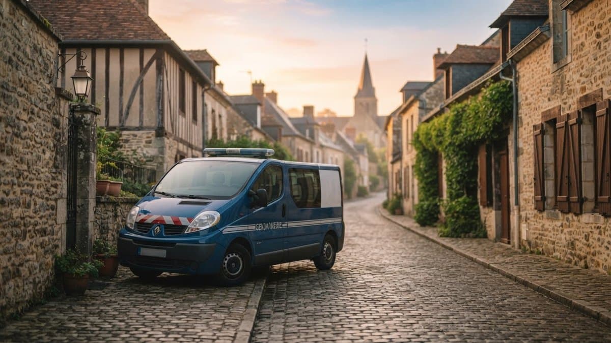 Fourgon de gendarmerie garé dans une rue pavée d'un village français au lever du jour