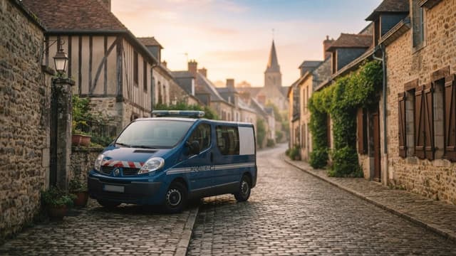 Fourgon de gendarmerie garé dans une rue pavée d'un village français au lever du jour
