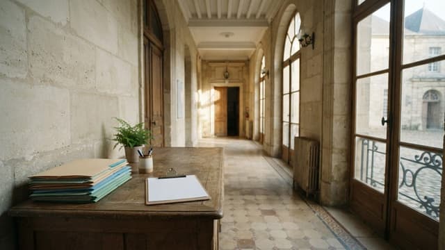 Couloir d'une mairie avec un bureau en bois, des dossiers et un porte-bloc vierge, image d'illustration des concours de la fonction publique