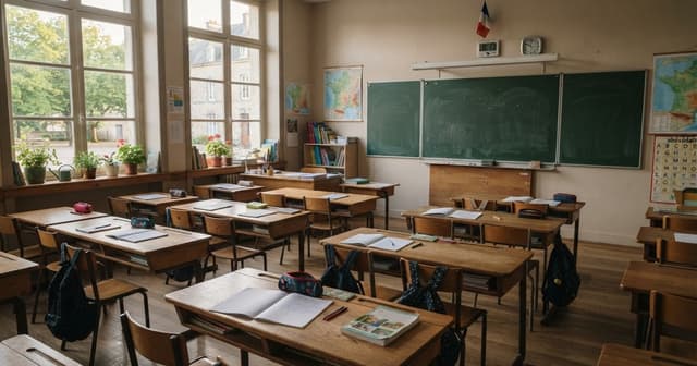 Salle de classe d'école primaire vide avec pupitres en bois et tableau vert