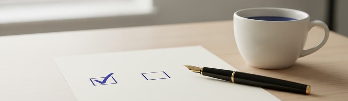 un formulaire papier posé sur un bureau avec deux cases à cocher, l'une cochée, l'autre vide, à côté d'un stylo plume et