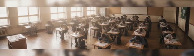 salle de classe de lycée en épreuve écrite, tables espacées, copies et stylos, lumière naturelle, vue d'ensemble sans vi