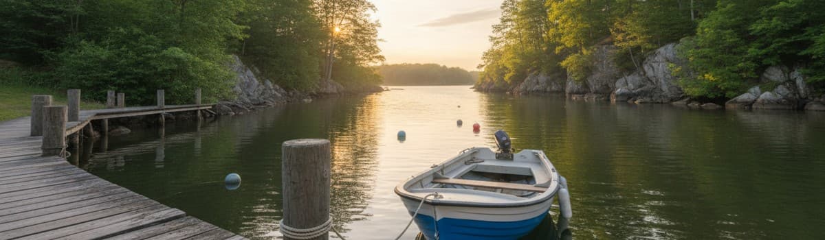 une petite embarcation à moteur hors-bord amarrée dans une crique ou le long d'un ponton de canal, lumière d'été, ambian