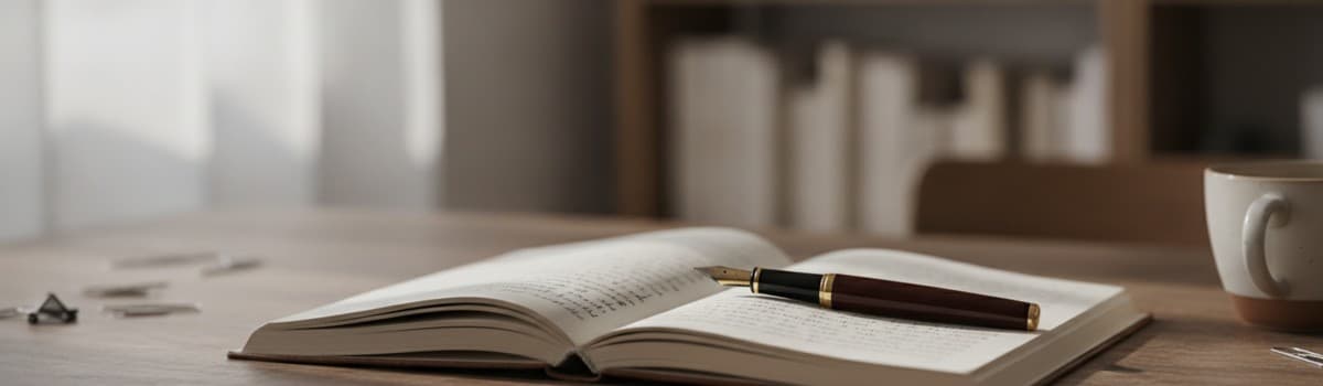 un cahier ouvert avec un stylo posé dessus et quelques mots manuscrits flous en français, lumière douce sur un bureau en