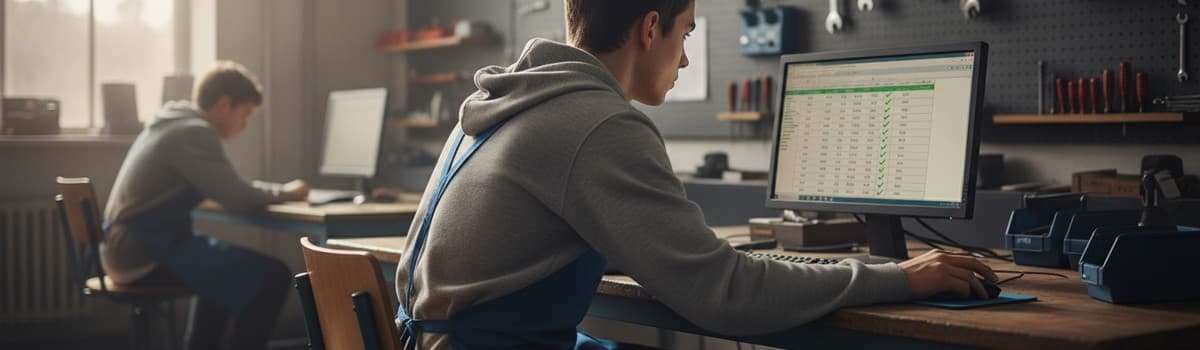un lycéen de la voie professionnelle en atelier ou en salle, consultant ses résultats sur un ordinateur, ambiance lumine