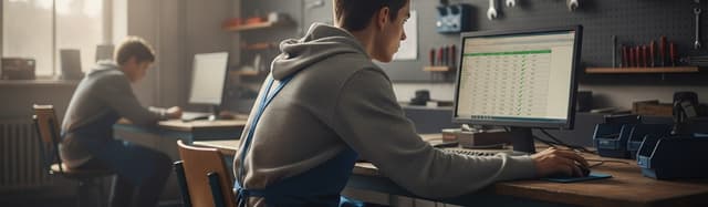 un lycéen de la voie professionnelle en atelier ou en salle, consultant ses résultats sur un ordinateur, ambiance lumine