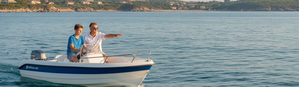 un adolescent à la barre d'un petit bateau à moteur, un adulte à côté qui supervise, mer calme et côte en arrière-plan,