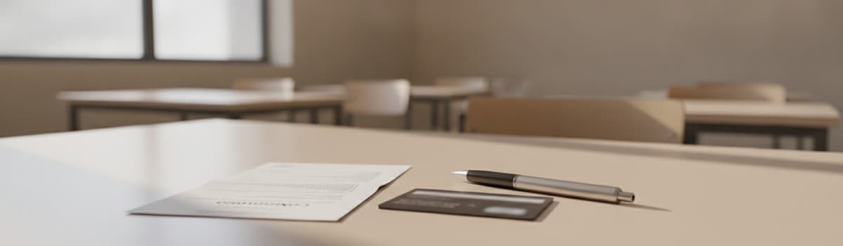 une table d'examen claire avec une convocation, une pièce d'identité et un stylo, salle calme, lumière douce, sans logo