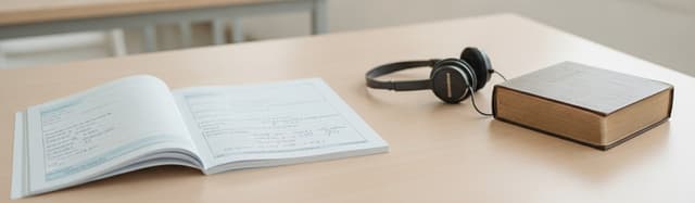 une table d'examen dans une salle claire, une copie et un sujet en langue étrangère posés, un casque audio et un diction
