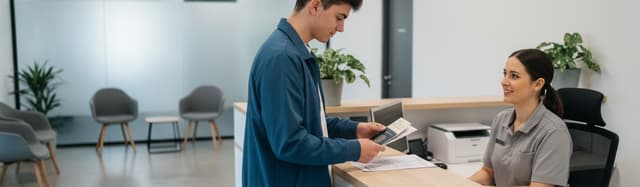 accueil d'un centre d'examen du code, candidat présentant sa pièce d'identité et sa convocation