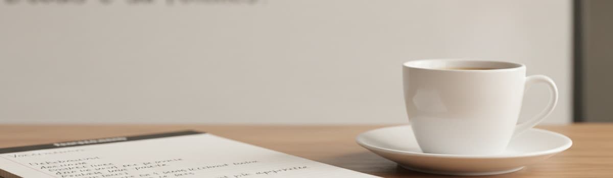 gros plan chaleureux d'un carnet de vocabulaire manuscrit et d'un café sur une table en bois, ambiance studieuse et lumi