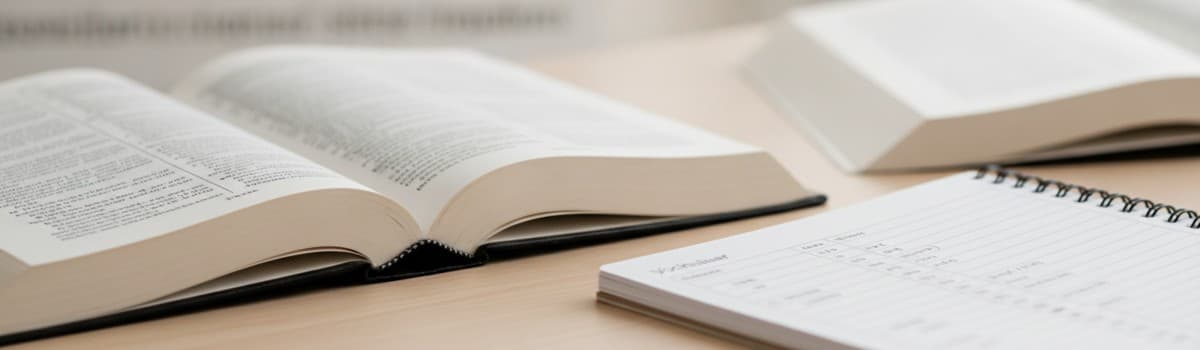gros plan chaleureux d'un dictionnaire bilingue ouvert et d'un carnet de vocabulaire annoté sur une table en bois claire