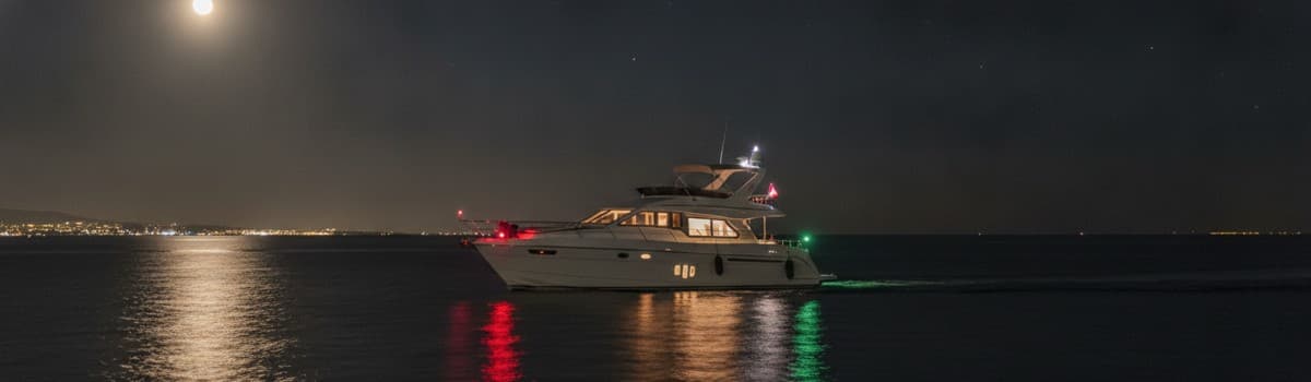un bateau de plaisance à moteur de nuit montrant ses feux de côté (rouge/vert) sur une mer calme, sans marque commercial