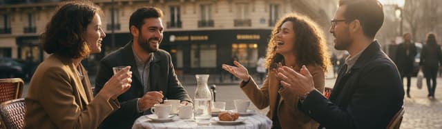 un groupe d'amis attablés à la terrasse d'un café parisien, en pleine conversation animée, lumière chaude de fin d'après