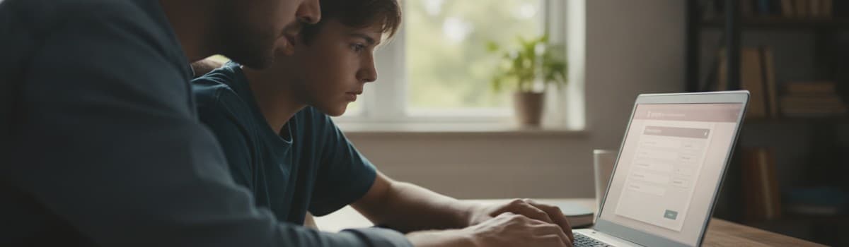 scène éditoriale sobre d'un parent et d'un adolescent devant un ordinateur portable à la maison, en train de remplir un