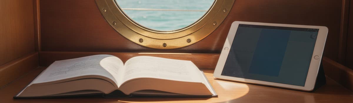 un livre ouvert et une tablette posés sur la table à cartes d'un bateau, hublot avec mer estivale en arrière-plan, lumiè